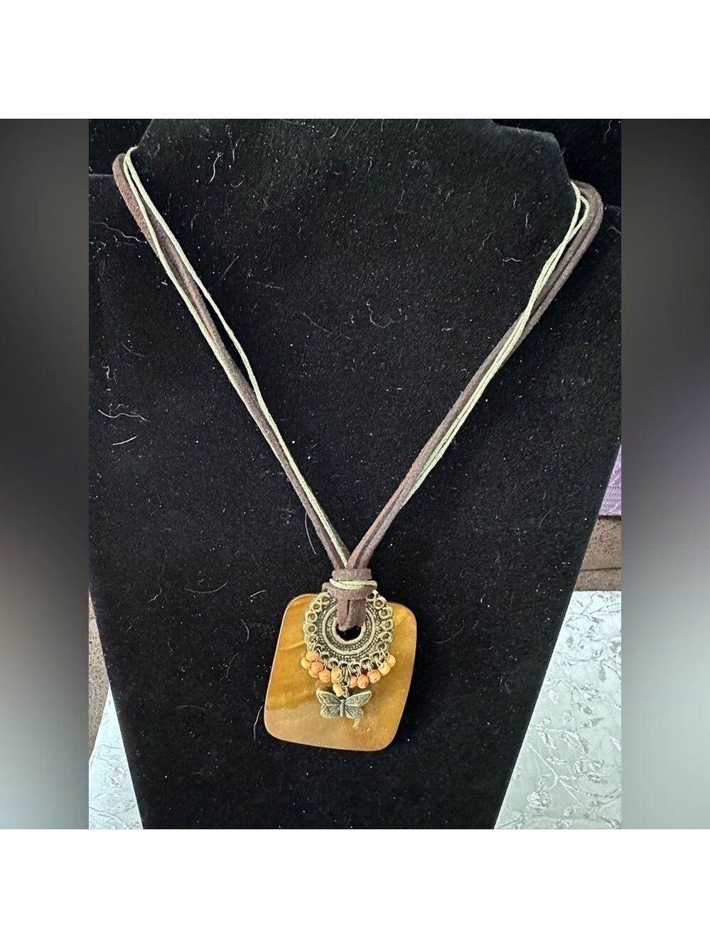 BOHO Style Necklace with Tortoiseshell, Ombré Orange Beads and Butterfly.